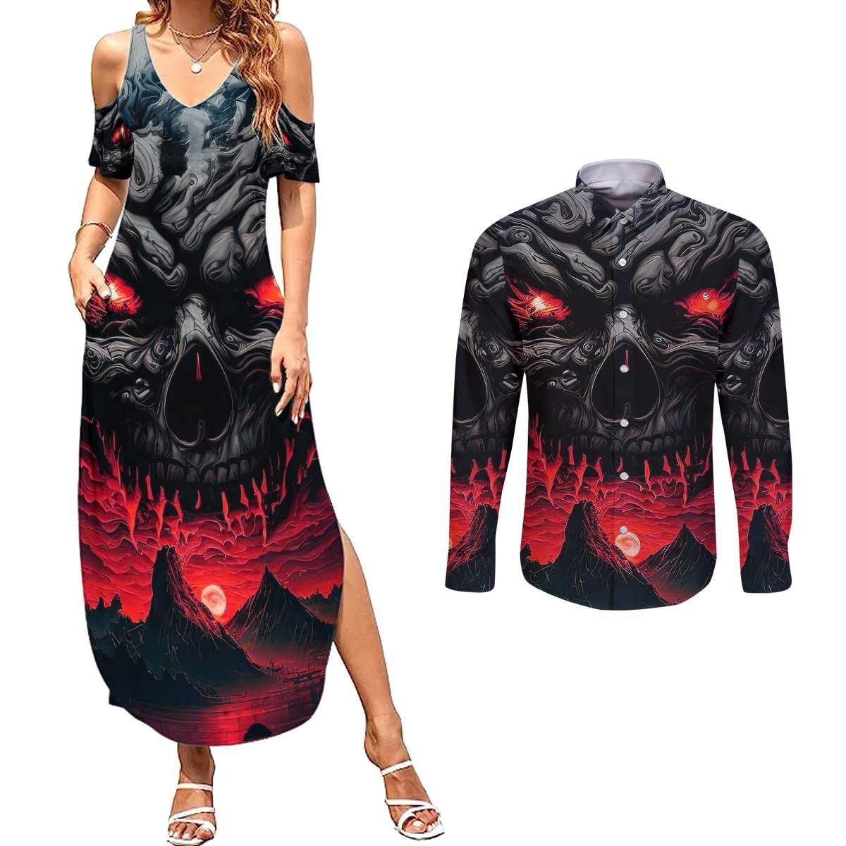 Time To Unleash Alittle Hell!! Couples Matching Summer Maxi Dress and Long Sleeve Button Shirts - Wonder Print Shop