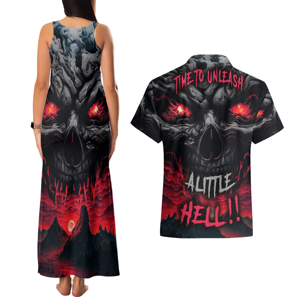 Time To Unleash Alittle Hell!! Couples Matching Tank Maxi Dress and Hawaiian Shirt - Wonder Print Shop