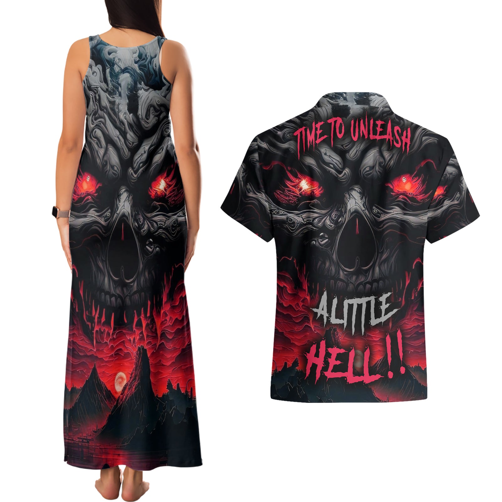 Time To Unleash Alittle Hell!! Couples Matching Tank Maxi Dress and Hawaiian Shirt - Wonder Print Shop