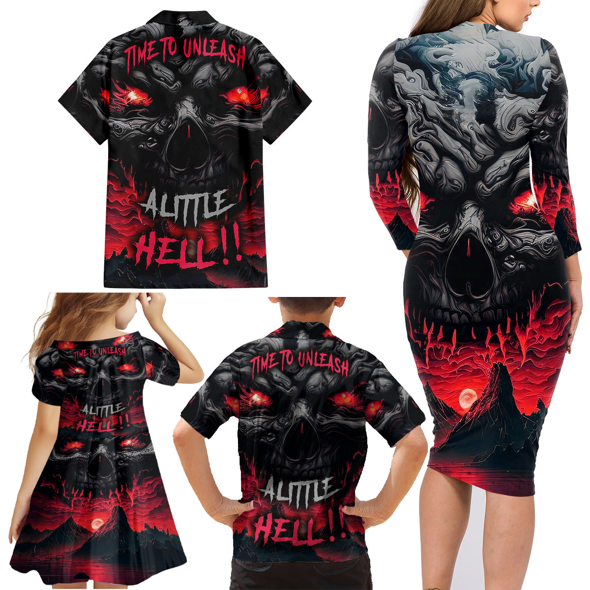 Time To Unleash Alittle Hell!! Family Matching Long Sleeve Bodycon Dress and Hawaiian Shirt - Wonder Print Shop
