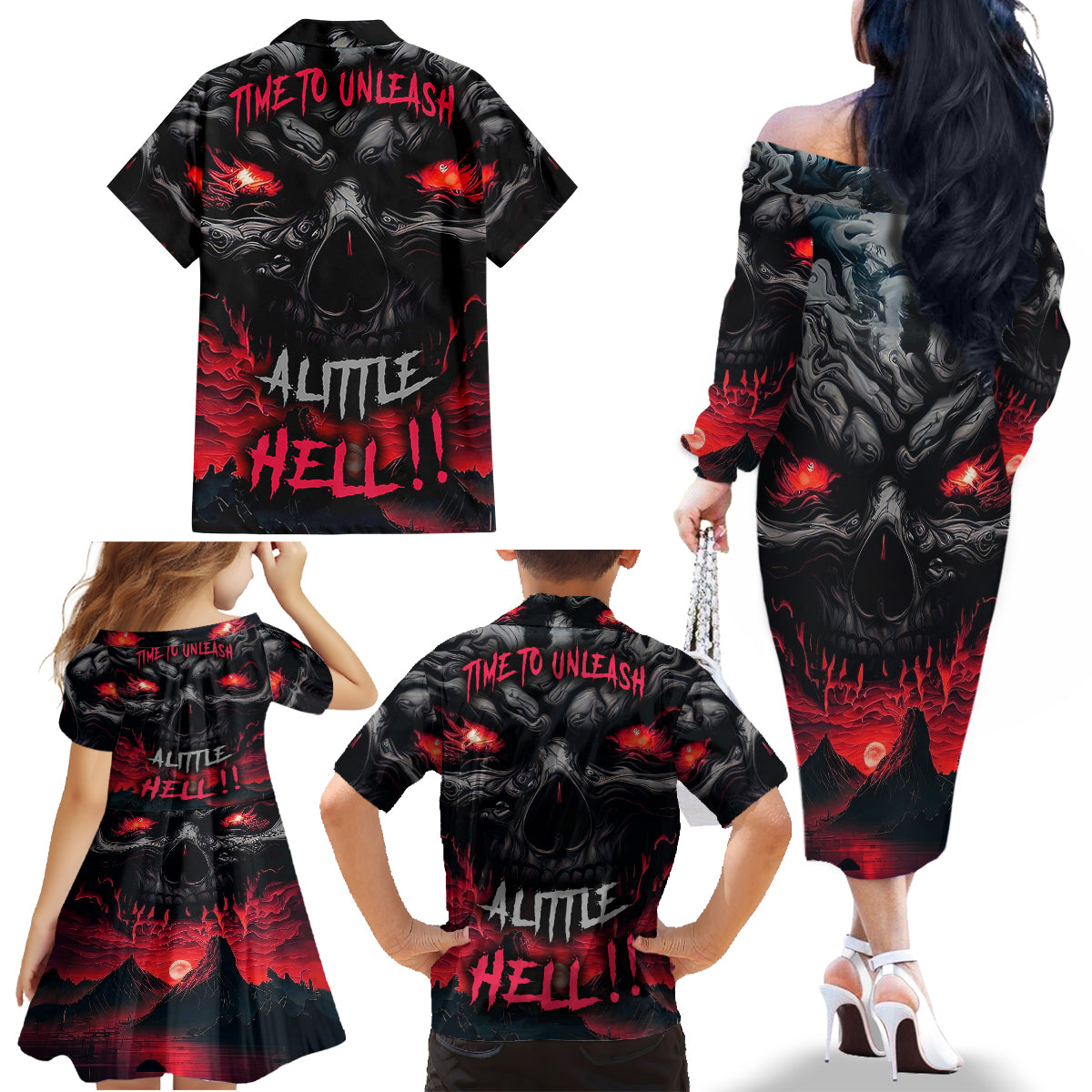 Time To Unleash Alittle Hell!! Family Matching Off Shoulder Long Sleeve Dress and Hawaiian Shirt - Wonder Print Shop