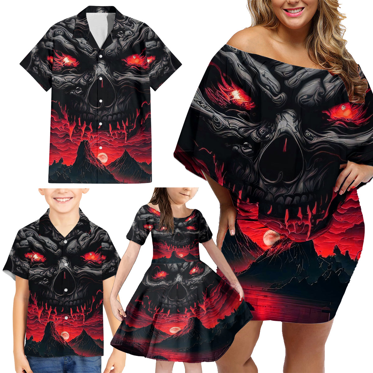 Time To Unleash Alittle Hell!! Family Matching Off Shoulder Short Dress and Hawaiian Shirt - Wonder Print Shop