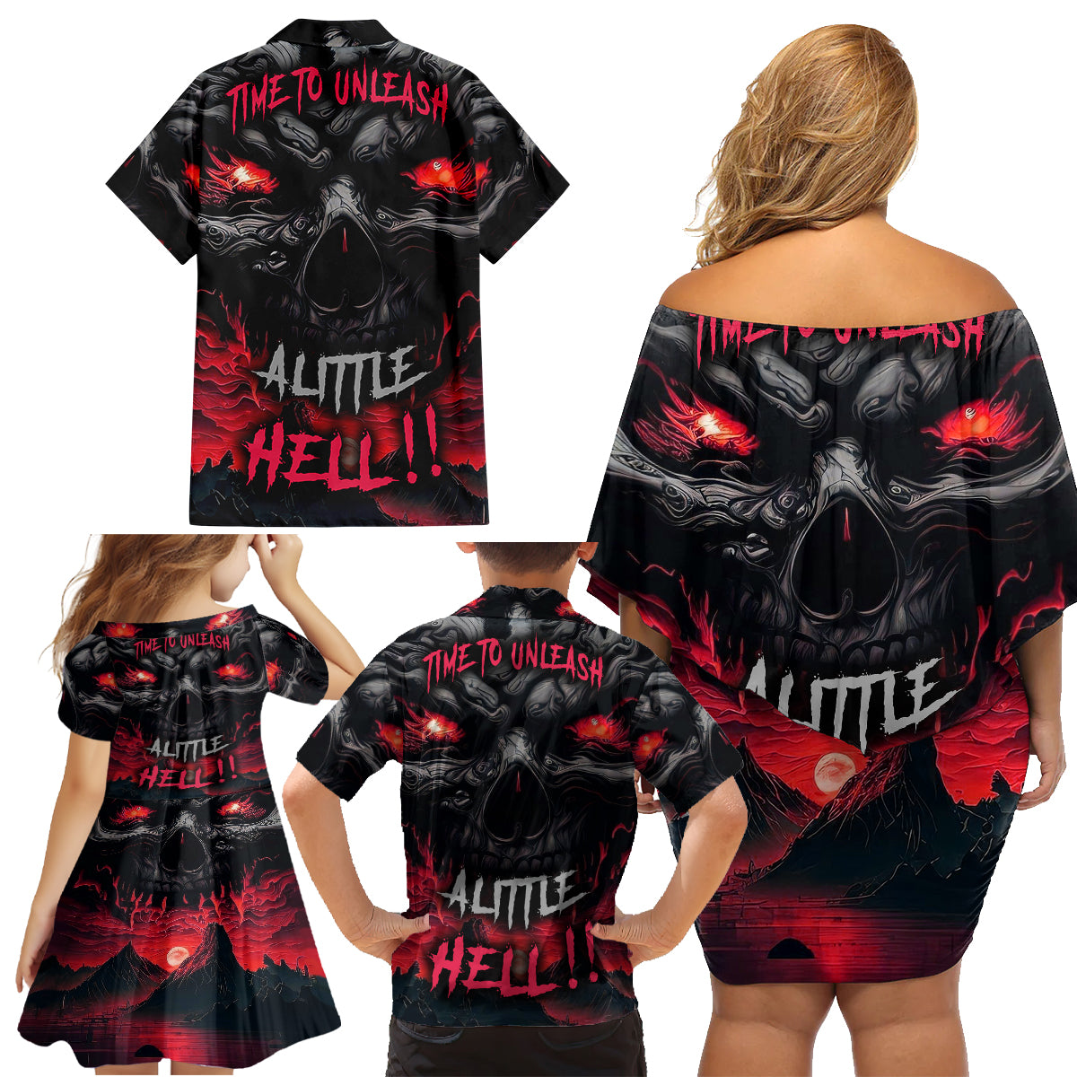 Time To Unleash Alittle Hell!! Family Matching Off Shoulder Short Dress and Hawaiian Shirt - Wonder Print Shop
