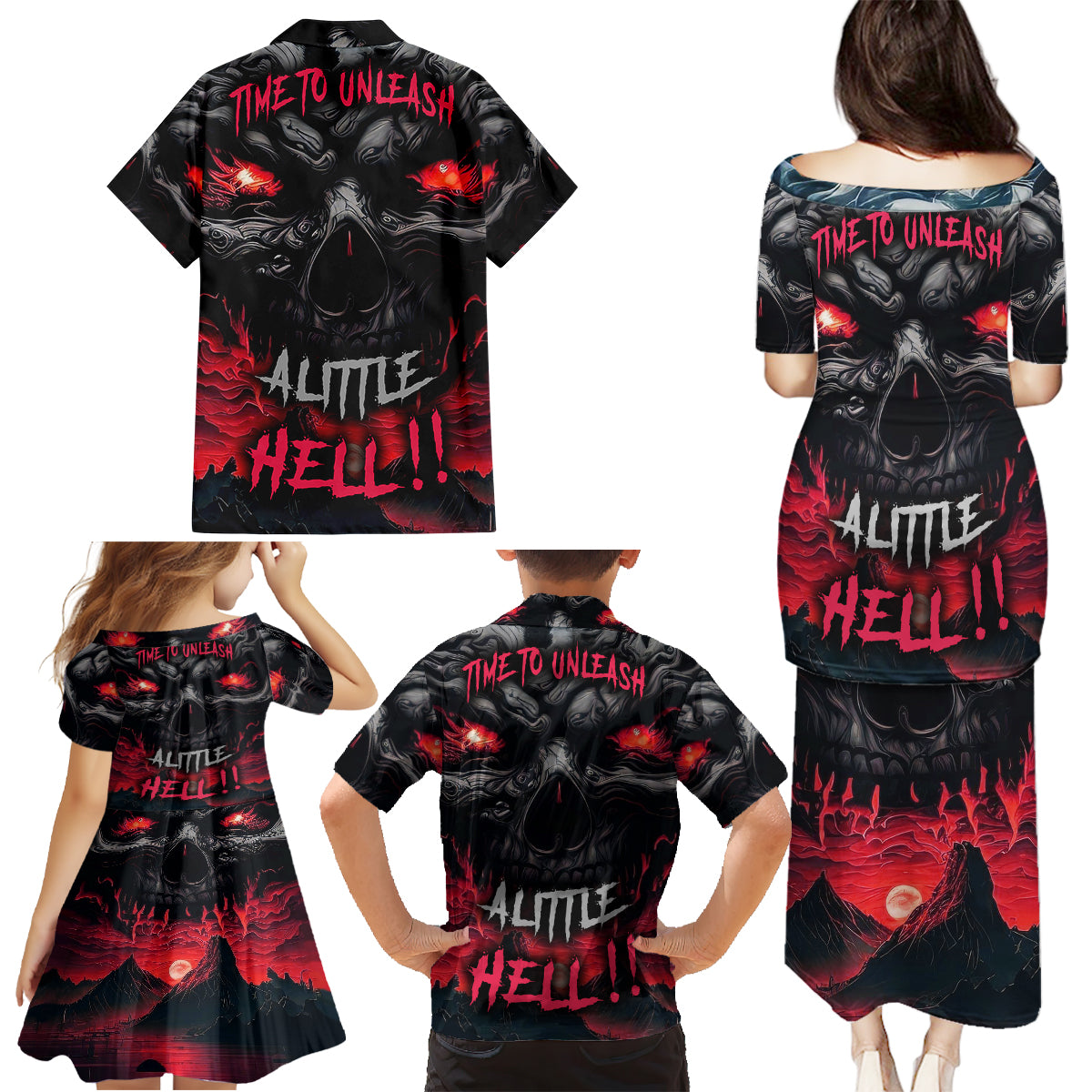 Time To Unleash Alittle Hell!! Family Matching Puletasi Dress and Hawaiian Shirt - Wonder Print Shop