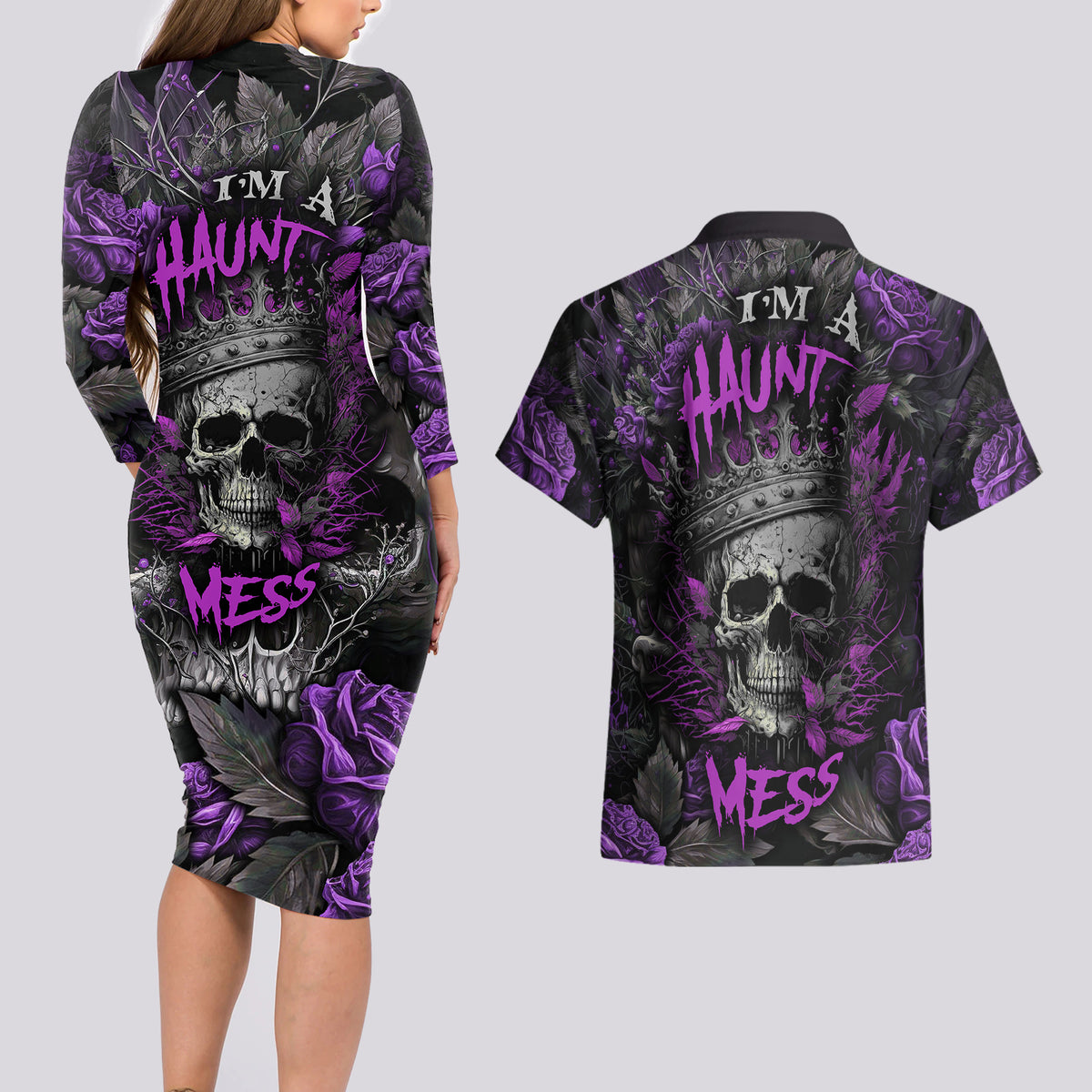 I am a Haunt Mess Couples Matching Long Sleeve Bodycon Dress and Hawaiian Shirt - Wonder Print Shop