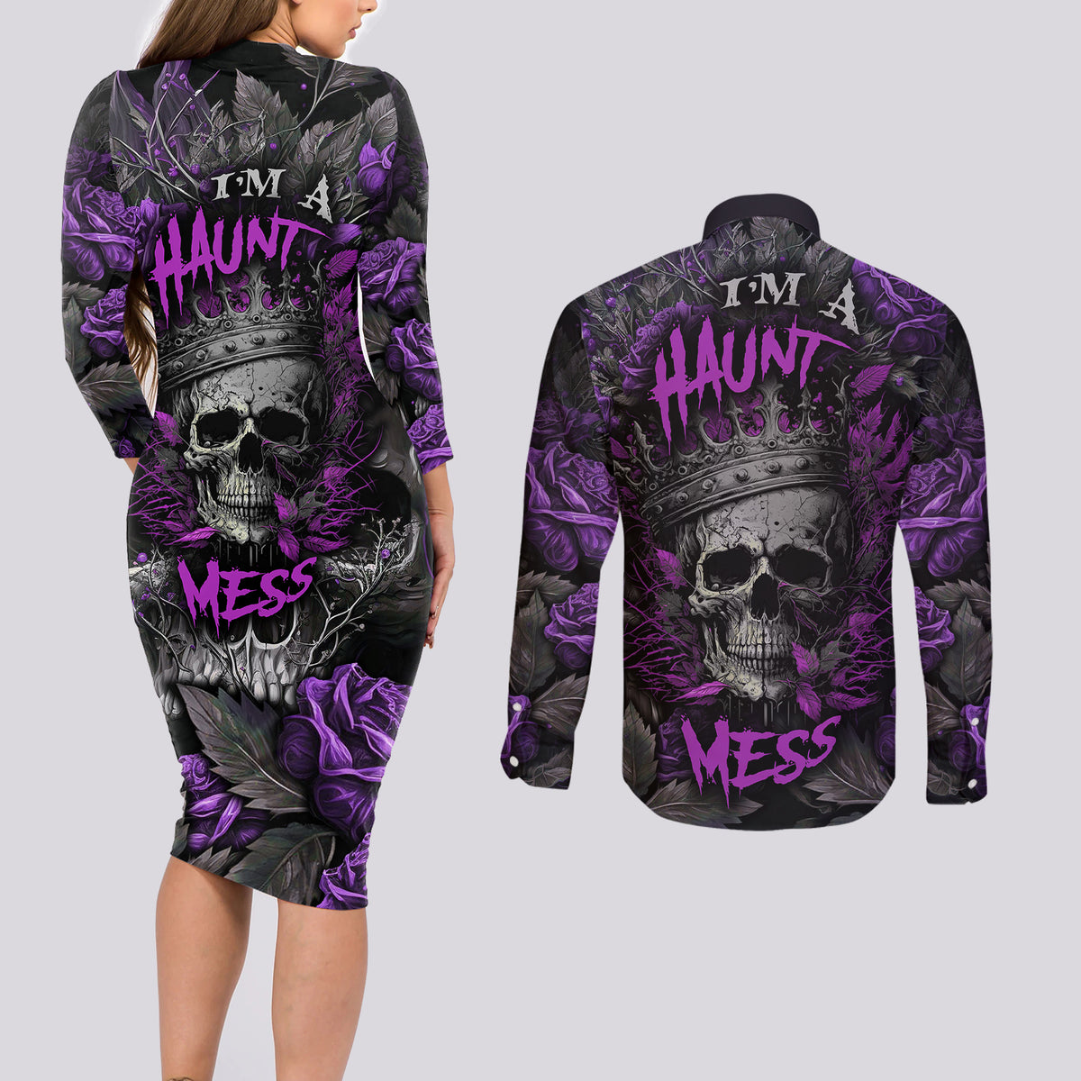 I am a Haunt Mess Couples Matching Long Sleeve Bodycon Dress and Long Sleeve Button Shirts - Wonder Print Shop
