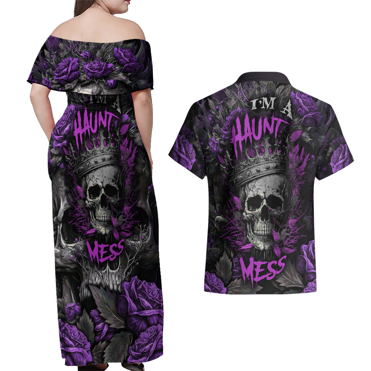 I am a Haunt Mess Couples Matching Off Shoulder Maxi Dress and Hawaiian Shirt - Wonder Print Shop