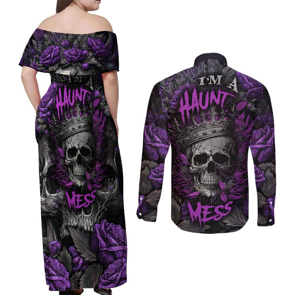 I am a Haunt Mess Couples Matching Off Shoulder Maxi Dress and Long Sleeve Button Shirts - Wonder Print Shop