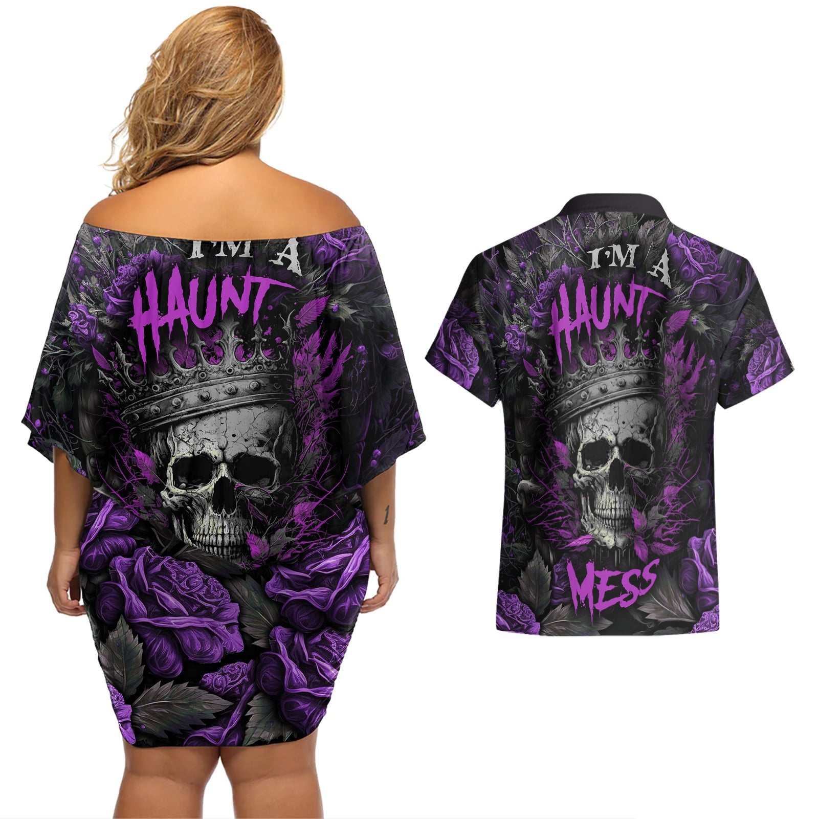 I am a Haunt Mess Couples Matching Off Shoulder Short Dress and Hawaiian Shirt - Wonder Print Shop