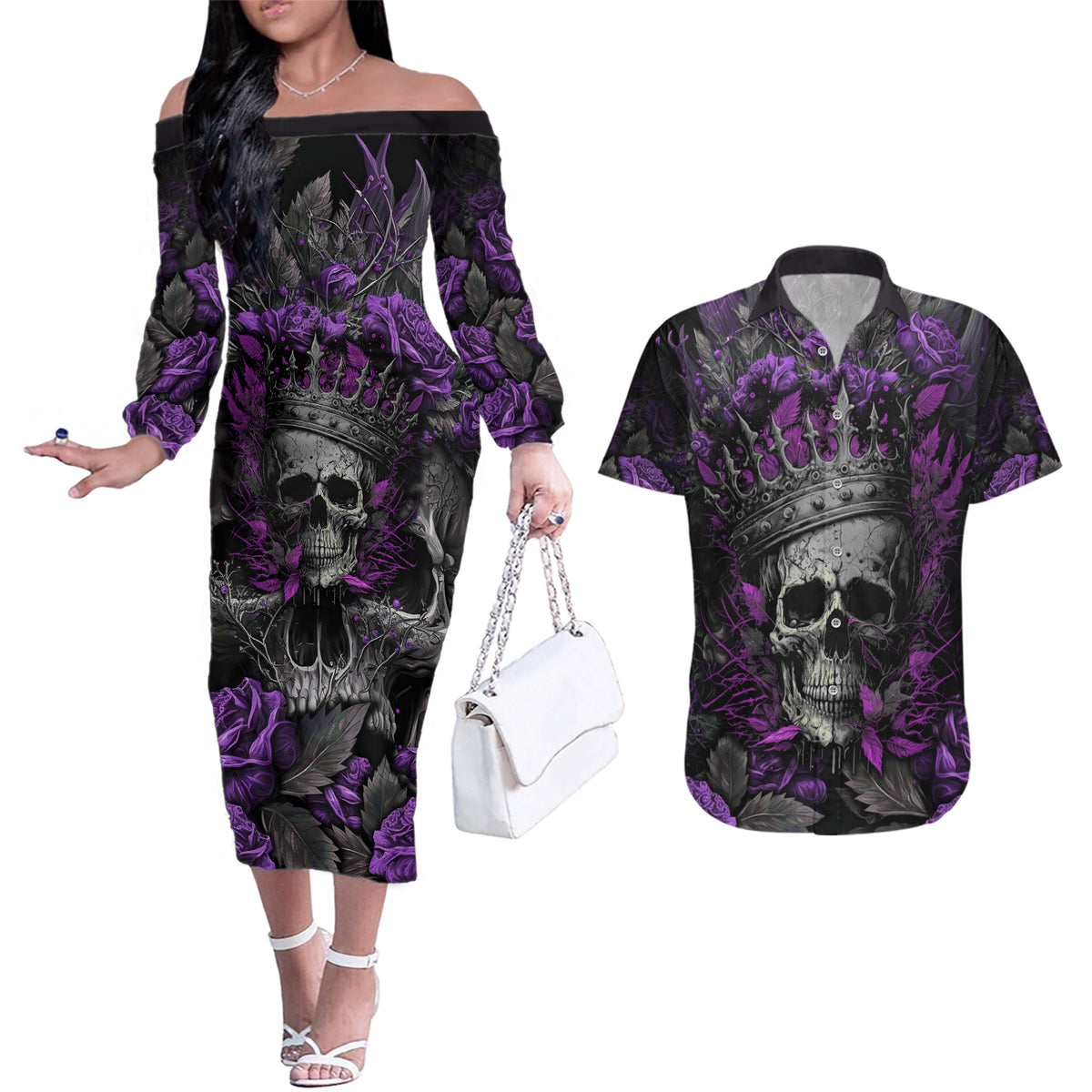 I am a Haunt Mess Couples Matching Off The Shoulder Long Sleeve Dress and Hawaiian Shirt - Wonder Print Shop