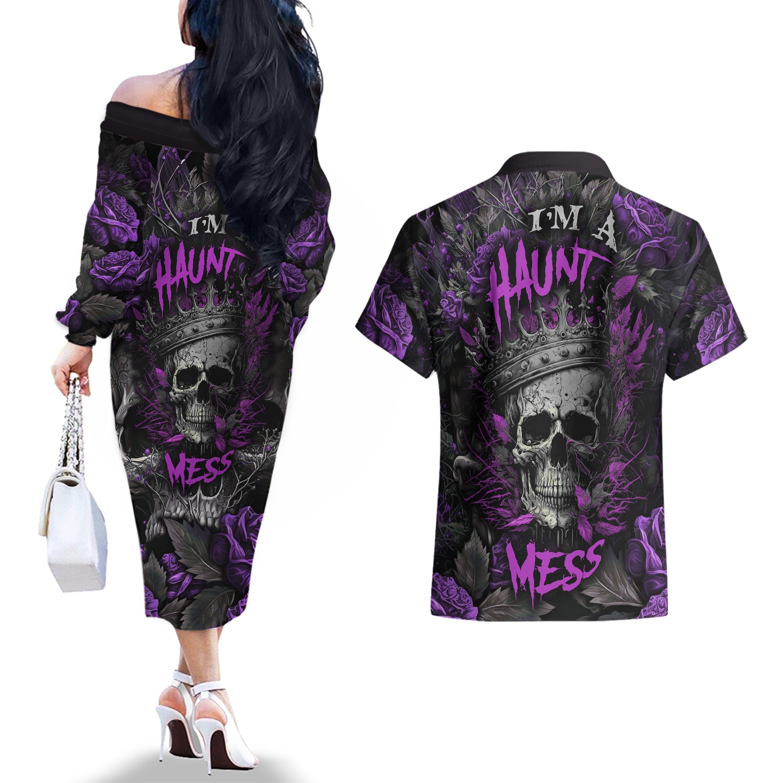 I am a Haunt Mess Couples Matching Off The Shoulder Long Sleeve Dress and Hawaiian Shirt - Wonder Print Shop