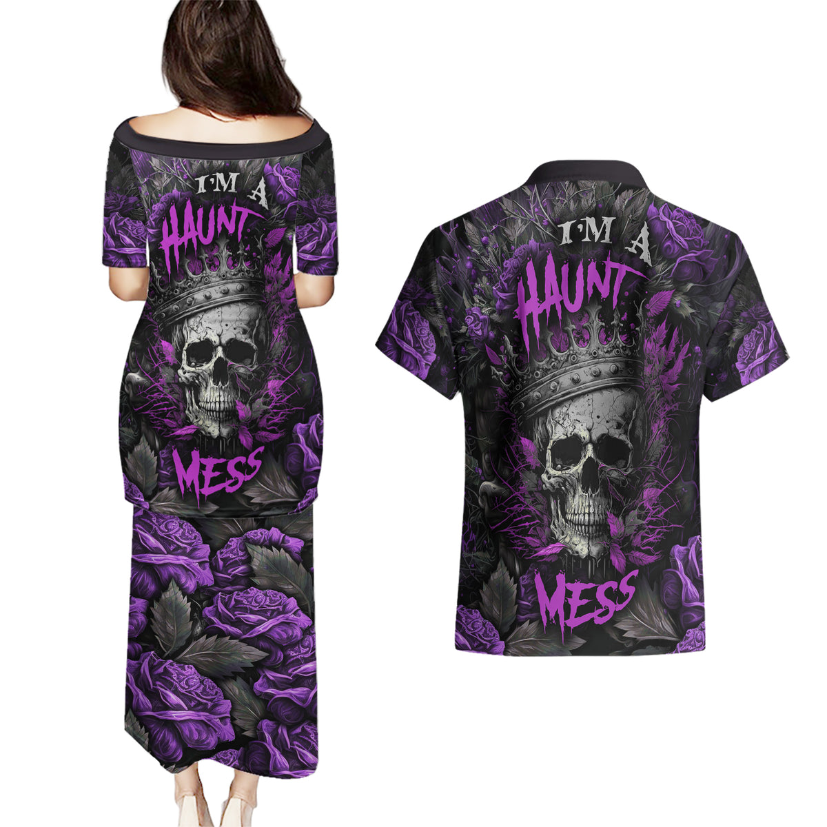 I am a Haunt Mess Couples Matching Puletasi Dress and Hawaiian Shirt - Wonder Print Shop