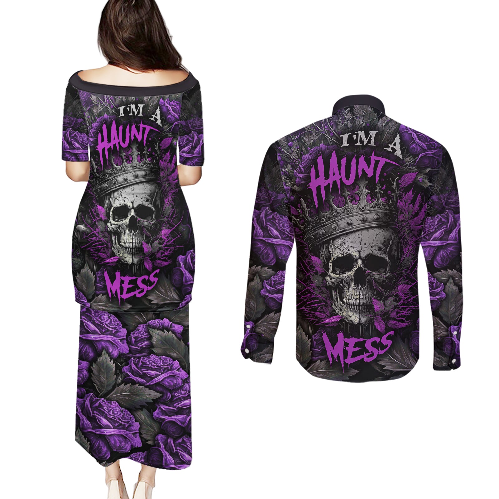 I am a Haunt Mess Couples Matching Puletasi Dress and Long Sleeve Button Shirts - Wonder Print Shop