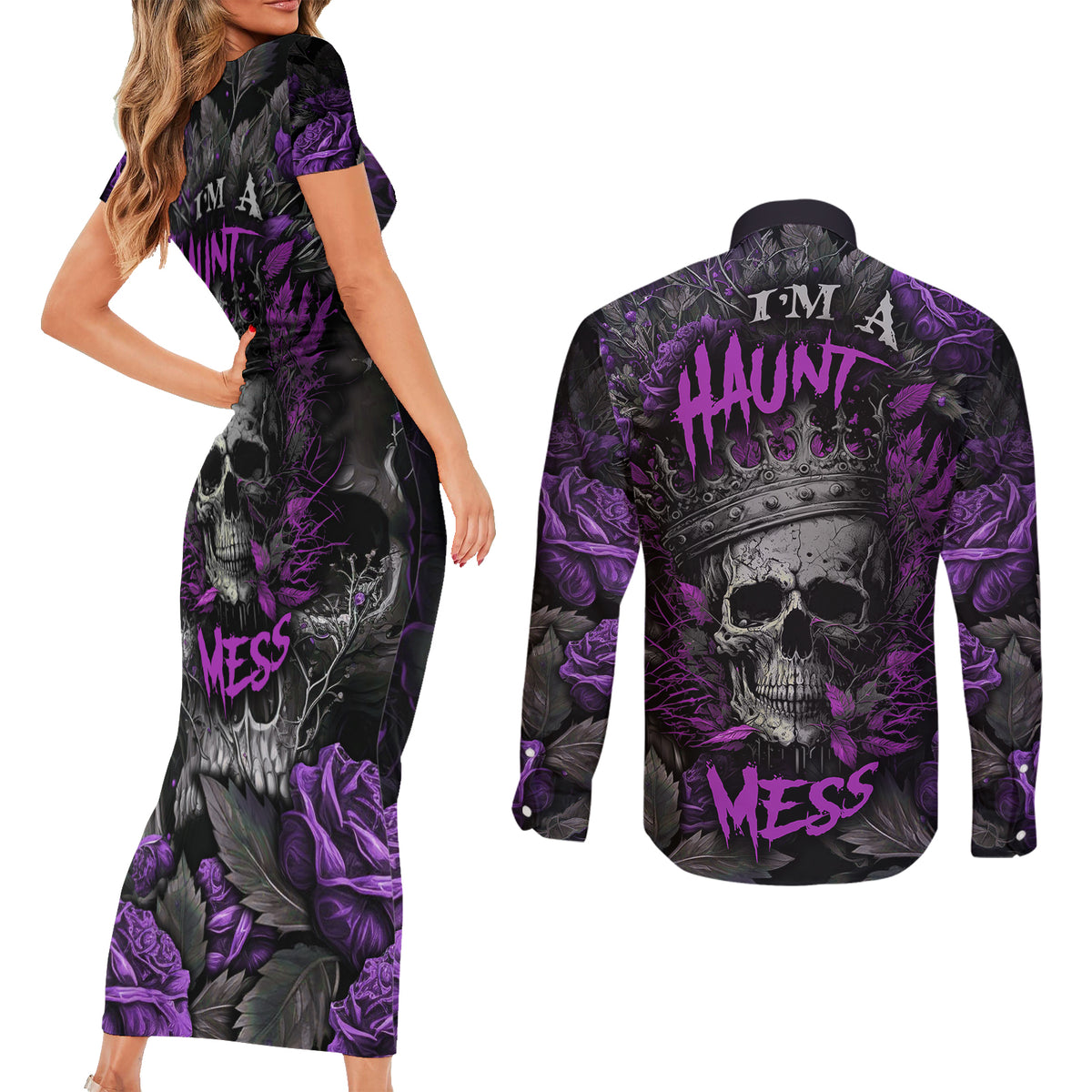 I am a Haunt Mess Couples Matching Short Sleeve Bodycon Dress and Long Sleeve Button Shirts - Wonder Print Shop
