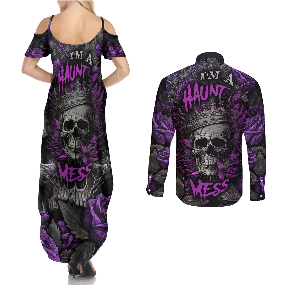 I am a Haunt Mess Couples Matching Summer Maxi Dress and Long Sleeve Button Shirts - Wonder Print Shop