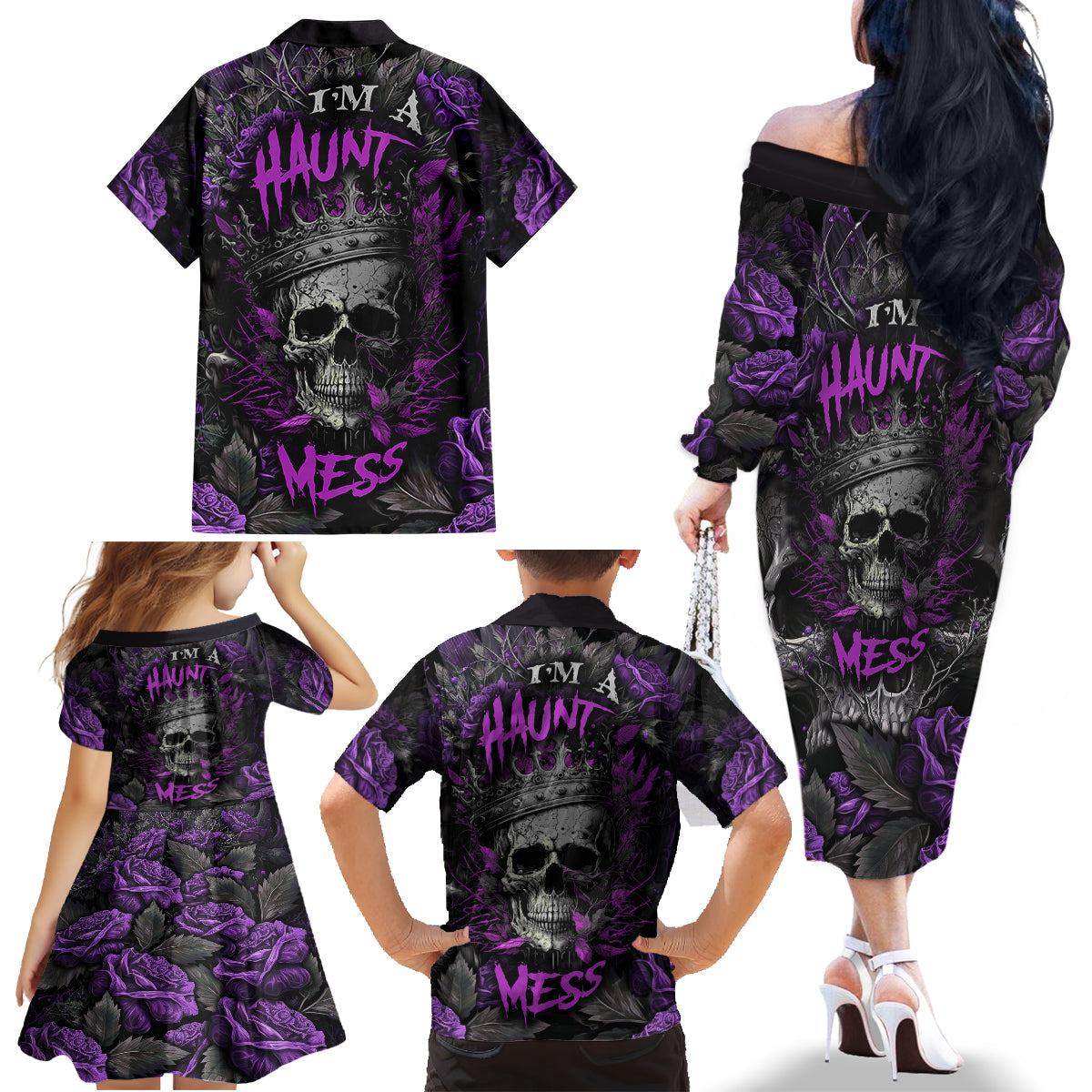 I am a Haunt Mess Family Matching Off Shoulder Long Sleeve Dress and Hawaiian Shirt - Wonder Print Shop