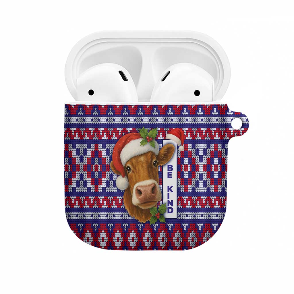 Cow in Santa Hat Be Kind Message AirPods Case with Red Blue Knit Pattern Design - Wonder Print Shop