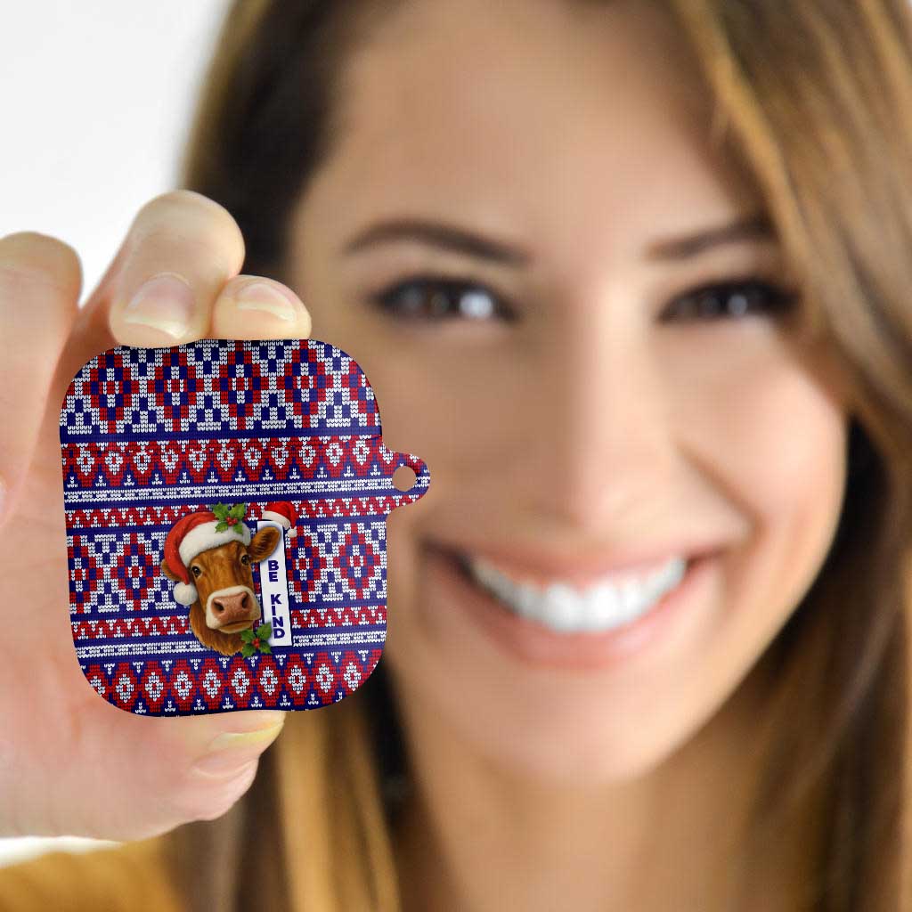 Cow in Santa Hat Be Kind Message AirPods Case with Red Blue Knit Pattern Design - Wonder Print Shop