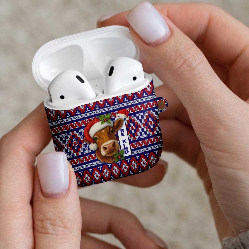 Cow in Santa Hat Be Kind Message AirPods Case with Red Blue Knit Pattern Design - Wonder Print Shop