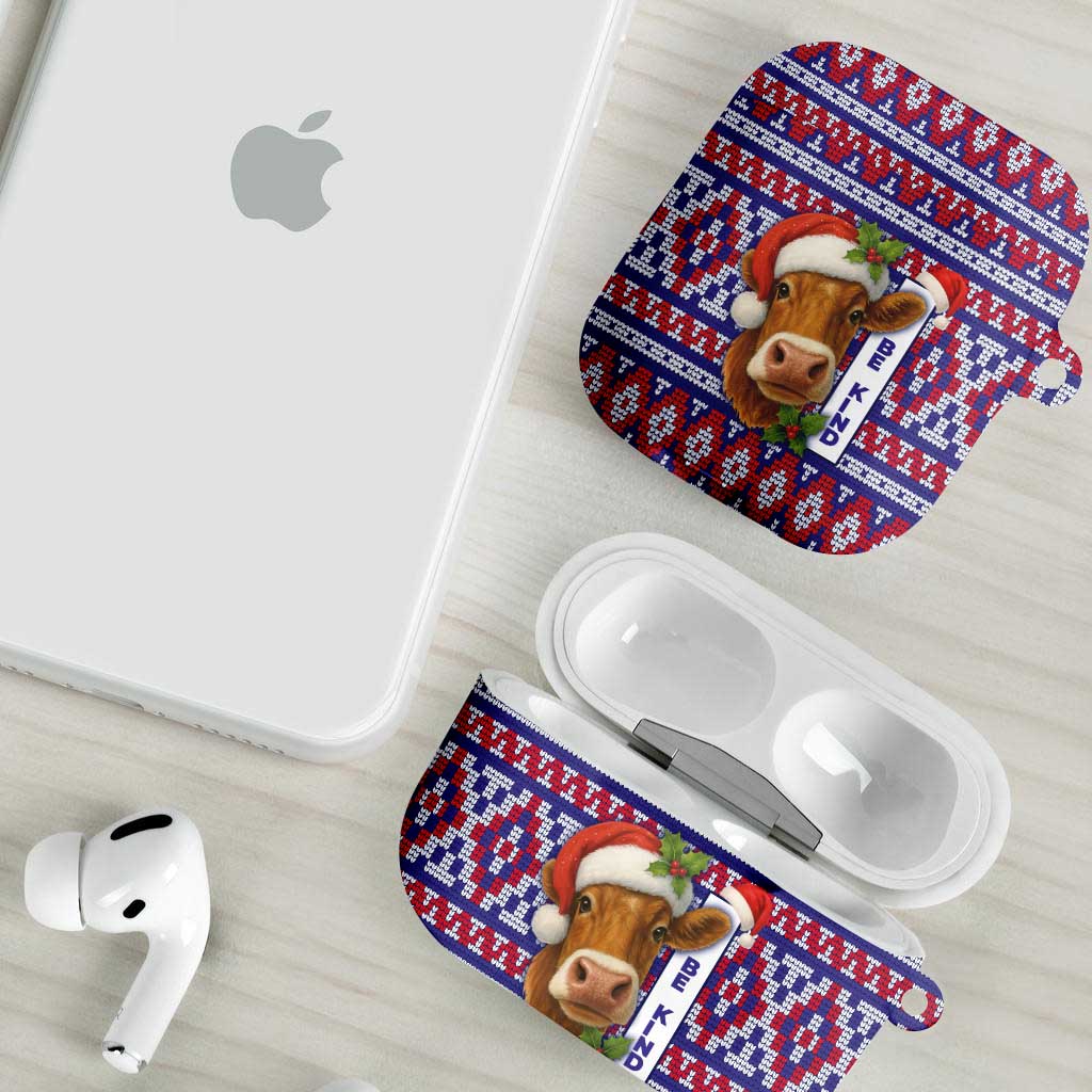 Cow in Santa Hat Be Kind Message AirPods Case with Red Blue Knit Pattern Design - Wonder Print Shop