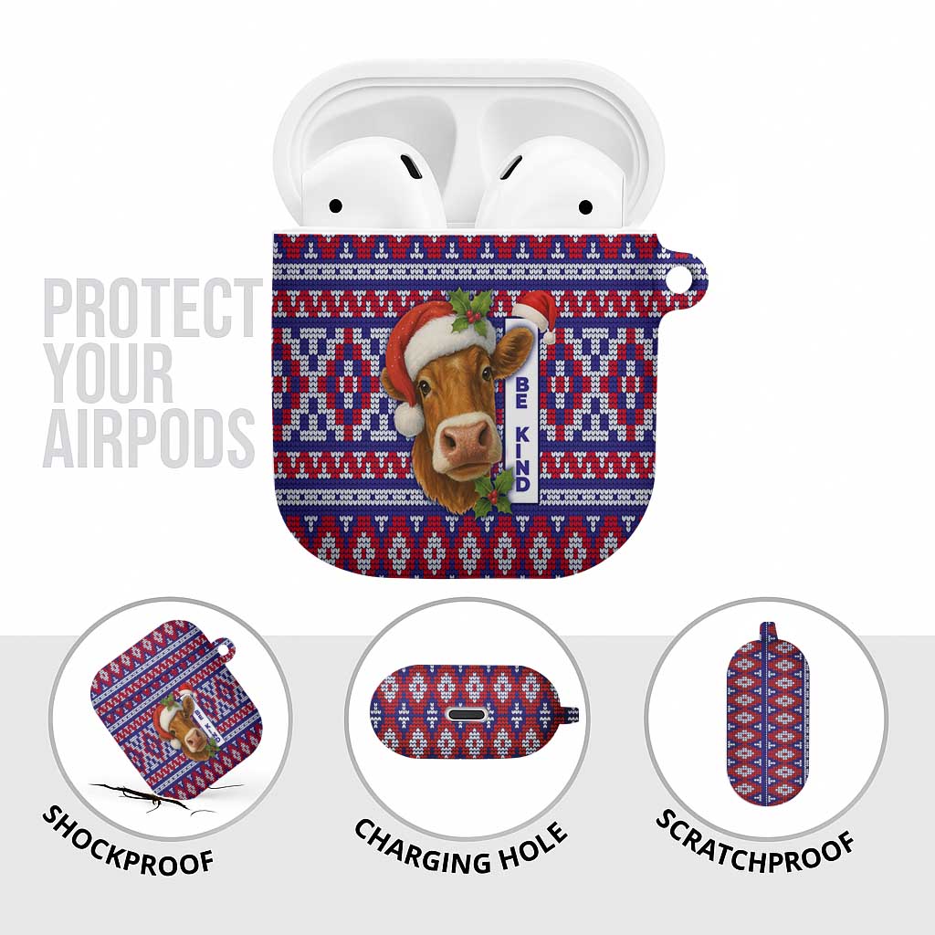 Cow in Santa Hat Be Kind Message AirPods Case with Red Blue Knit Pattern Design - Wonder Print Shop
