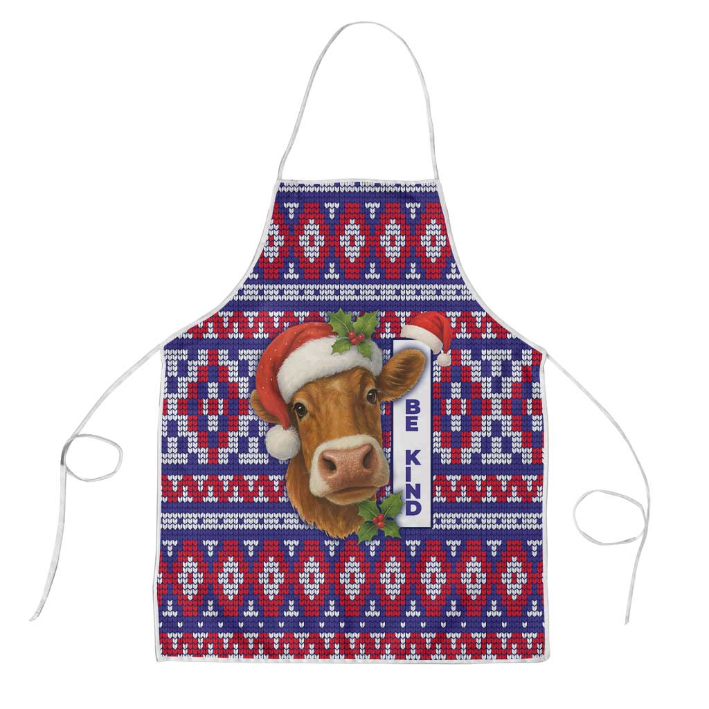 Cow in Santa Hat Be Kind Message Apron with Red Blue Knit Pattern Design - Wonder Print Shop