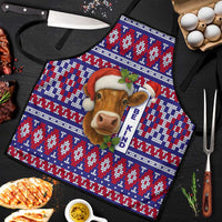 Cow in Santa Hat Be Kind Message Apron with Red Blue Knit Pattern Design - Wonder Print Shop