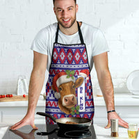 Cow in Santa Hat Be Kind Message Apron with Red Blue Knit Pattern Design - Wonder Print Shop