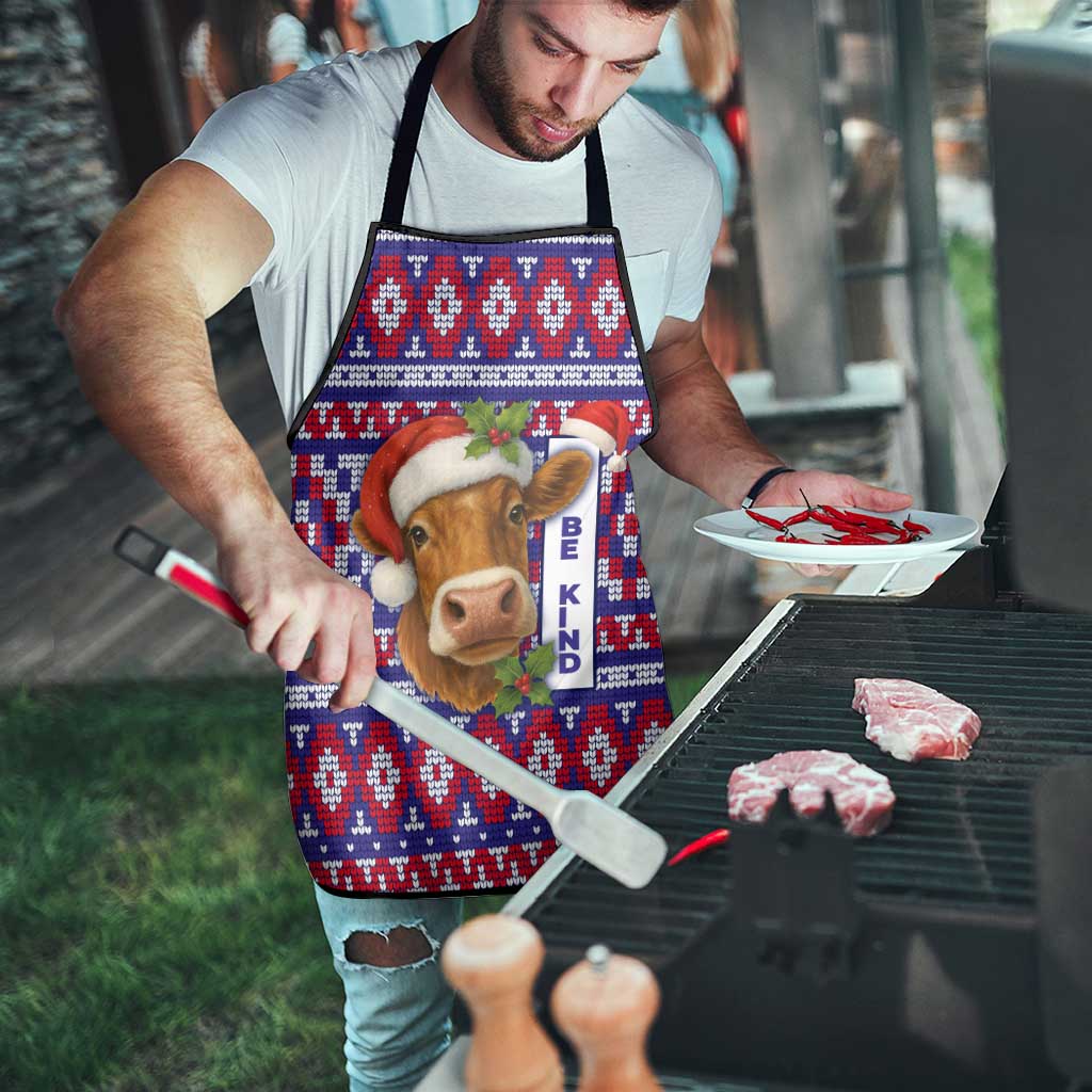 Cow in Santa Hat Be Kind Message Apron with Red Blue Knit Pattern Design - Wonder Print Shop