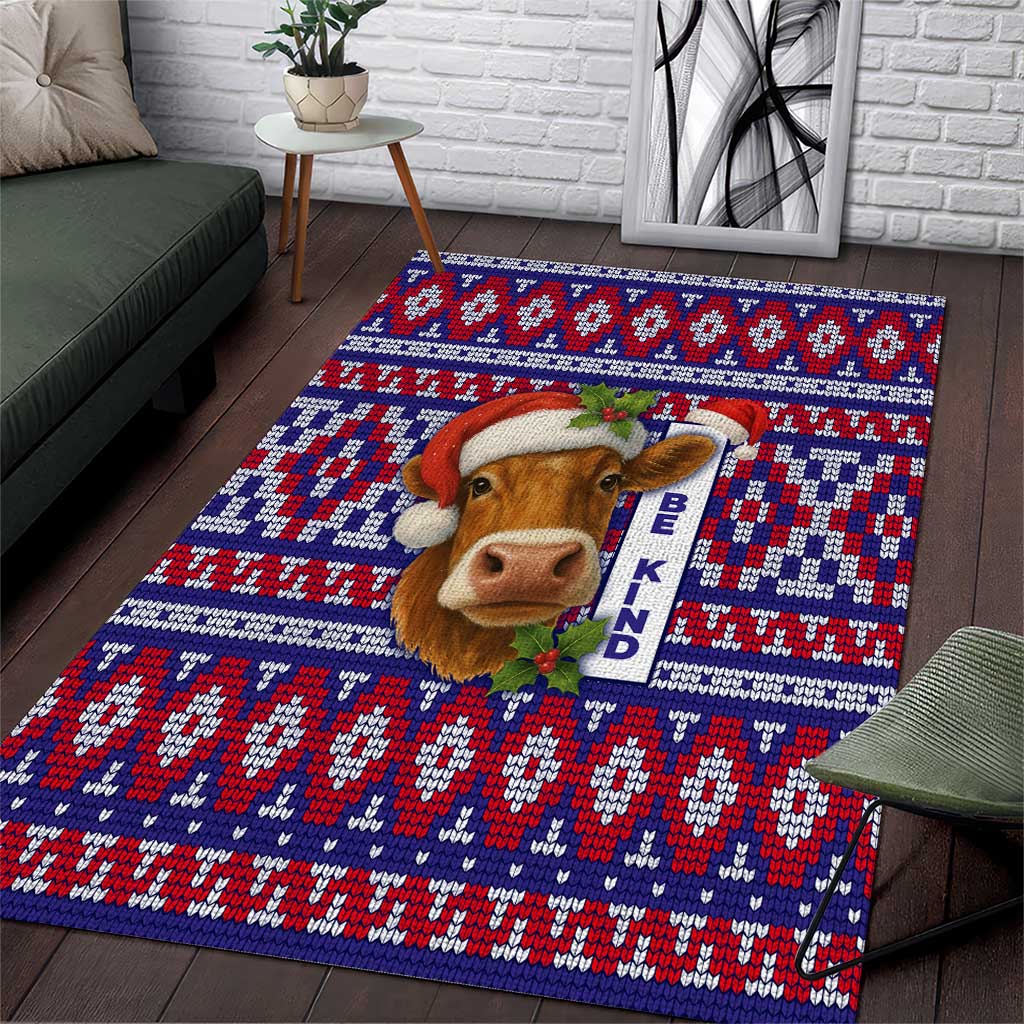 Cow in Santa Hat Be Kind Message Area Rug with Red Blue Knit Pattern Design - Wonder Print Shop
