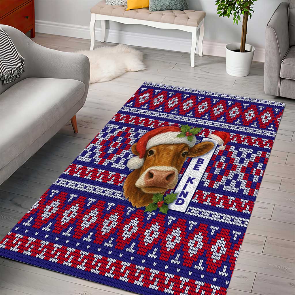 Cow in Santa Hat Be Kind Message Area Rug with Red Blue Knit Pattern Design - Wonder Print Shop