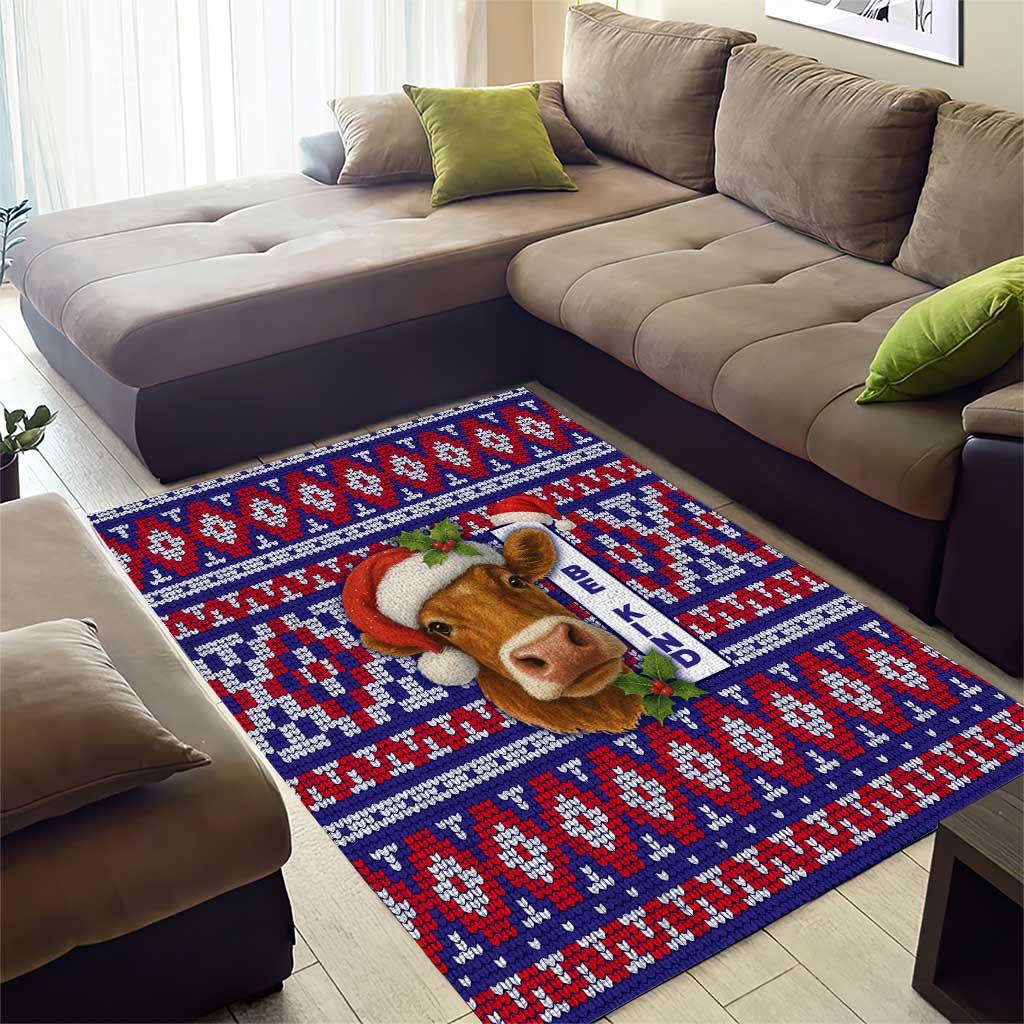 Cow in Santa Hat Be Kind Message Area Rug with Red Blue Knit Pattern Design - Wonder Print Shop