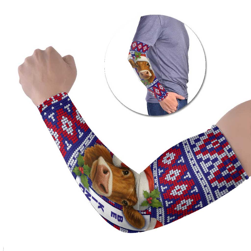 Cow in Santa Hat Be Kind Message Arm Sleeves with Red Blue Knit Pattern Design - Wonder Print Shop