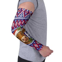 Cow in Santa Hat Be Kind Message Arm Sleeves with Red Blue Knit Pattern Design - Wonder Print Shop