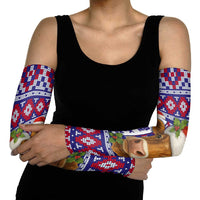 Cow in Santa Hat Be Kind Message Arm Sleeves with Red Blue Knit Pattern Design - Wonder Print Shop
