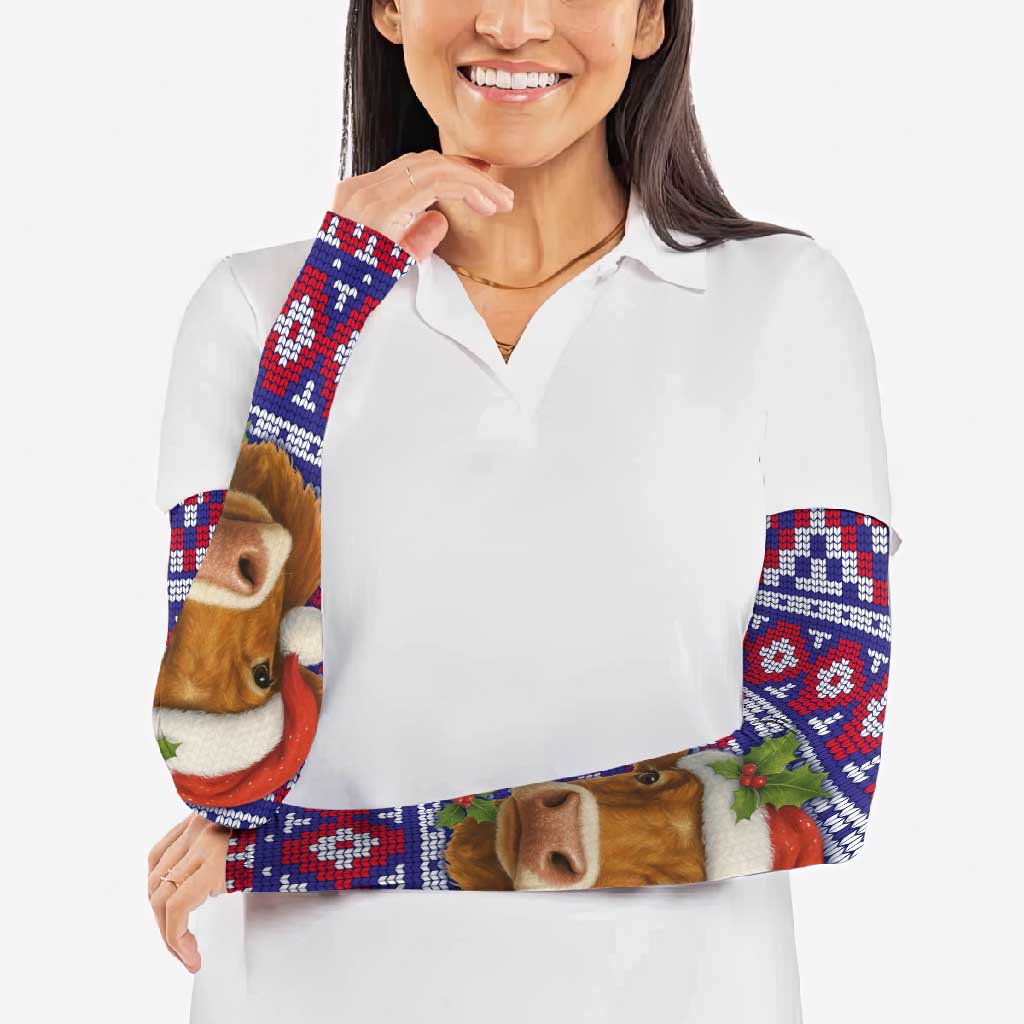 Cow in Santa Hat Be Kind Message Arm Sleeves with Red Blue Knit Pattern Design - Wonder Print Shop
