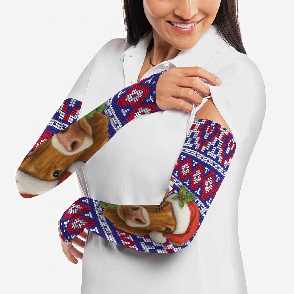 Cow in Santa Hat Be Kind Message Arm Sleeves with Red Blue Knit Pattern Design - Wonder Print Shop