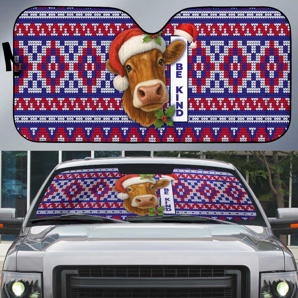 Cow in Santa Hat Be Kind Message Auto Sun Shade with Red Blue Knit Pattern Design - Wonder Print Shop