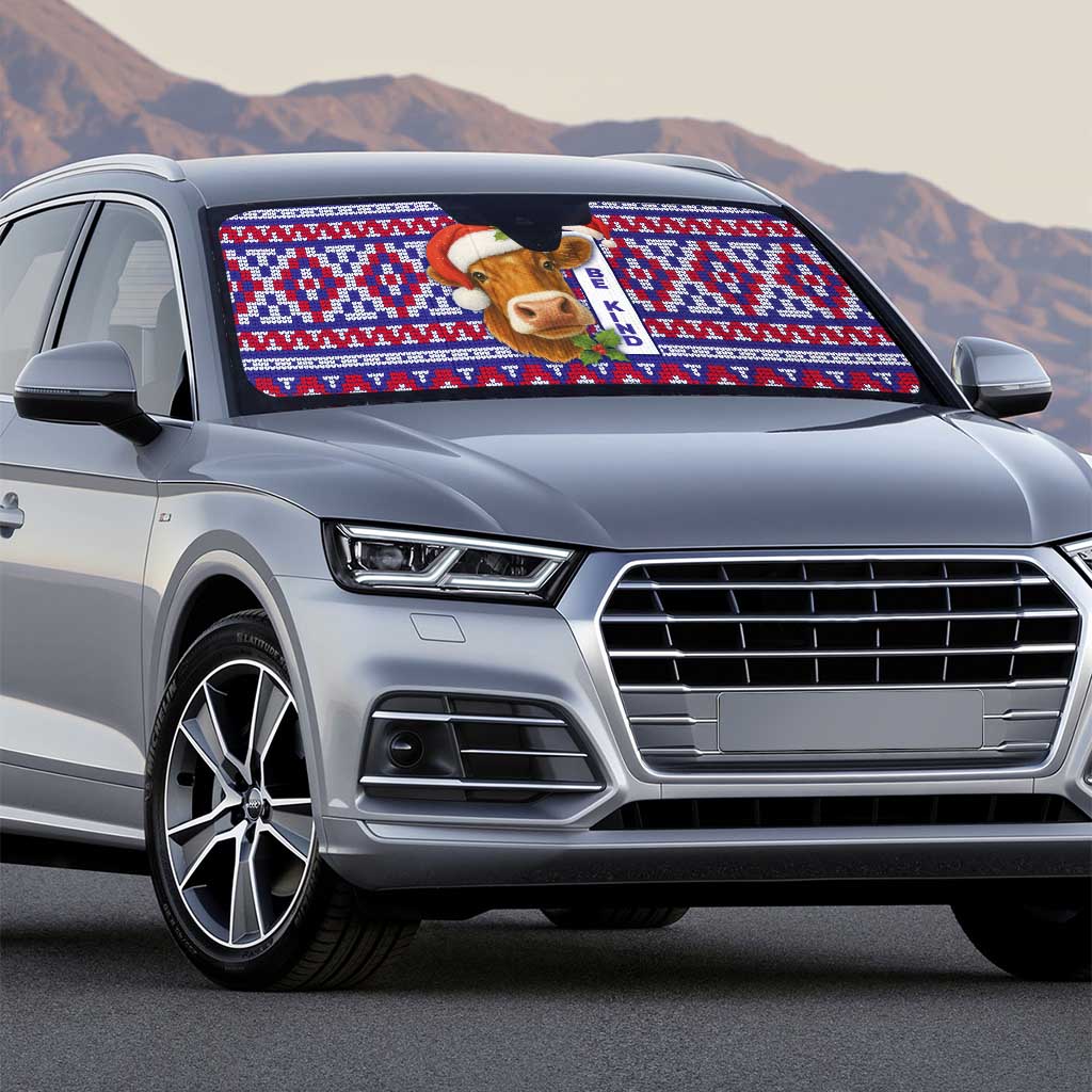 Cow in Santa Hat Be Kind Message Auto Sun Shade with Red Blue Knit Pattern Design - Wonder Print Shop