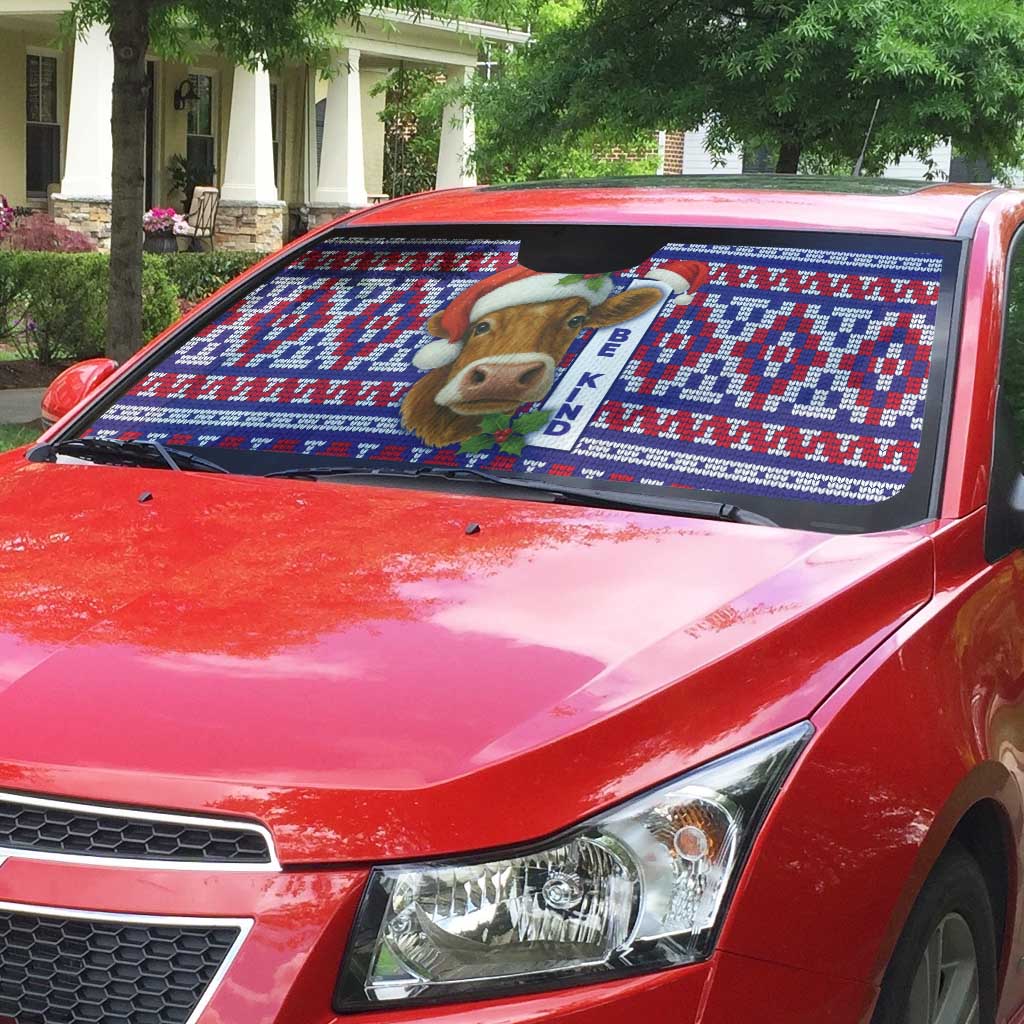 Cow in Santa Hat Be Kind Message Auto Sun Shade with Red Blue Knit Pattern Design - Wonder Print Shop