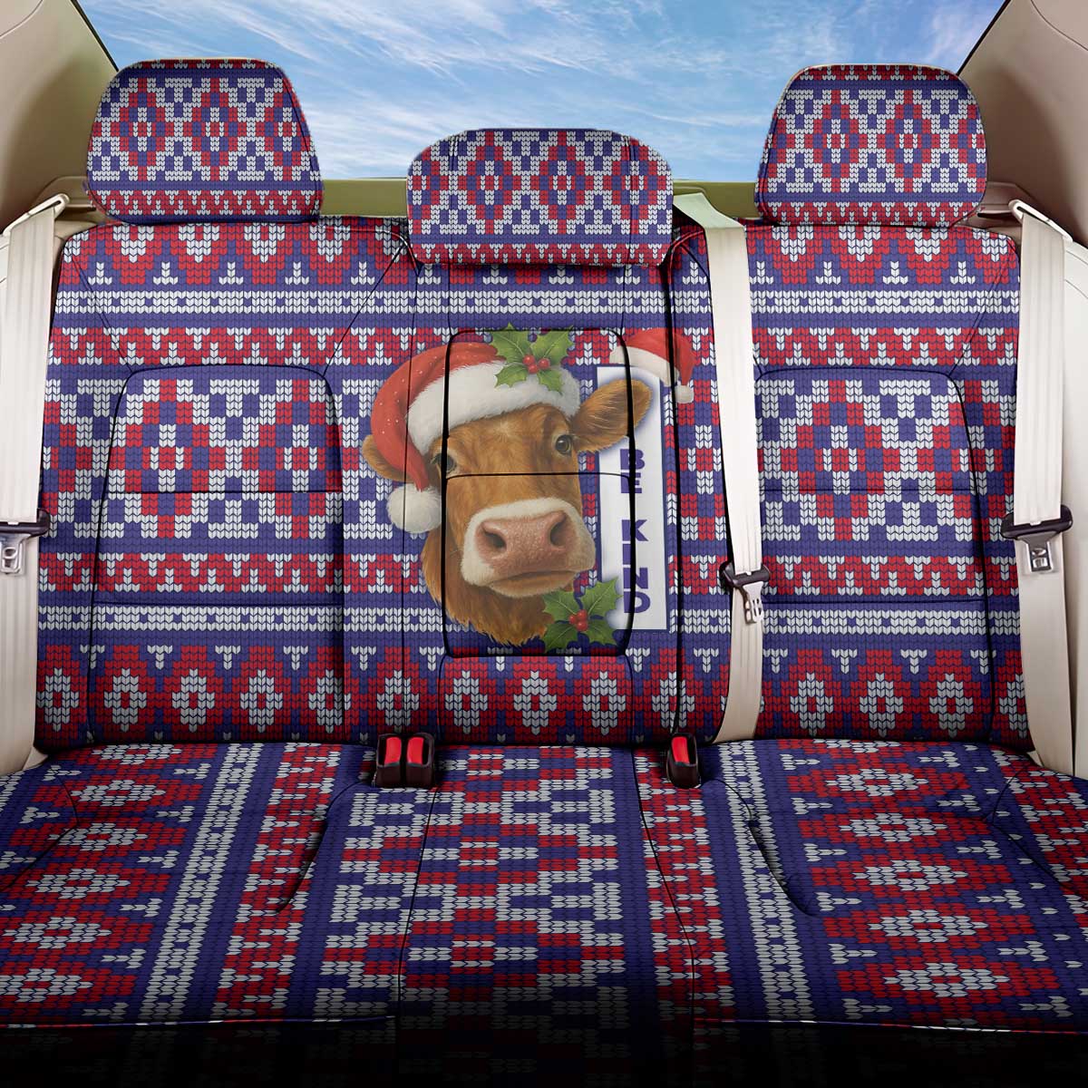 Cow in Santa Hat Be Kind Message Back Car Seat Cover with Red Blue Knit Pattern Design - Wonder Print Shop