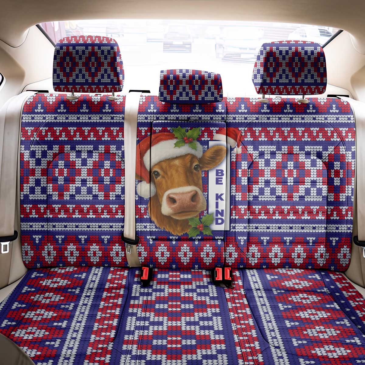 Cow in Santa Hat Be Kind Message Back Car Seat Cover with Red Blue Knit Pattern Design - Wonder Print Shop