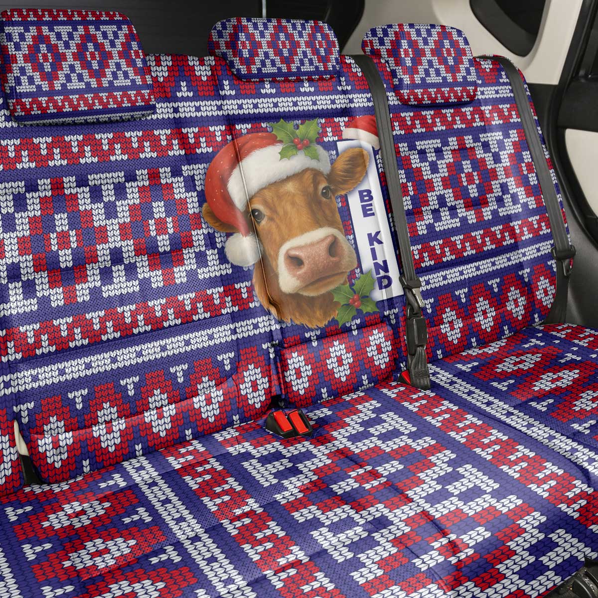 Cow in Santa Hat Be Kind Message Back Car Seat Cover with Red Blue Knit Pattern Design - Wonder Print Shop