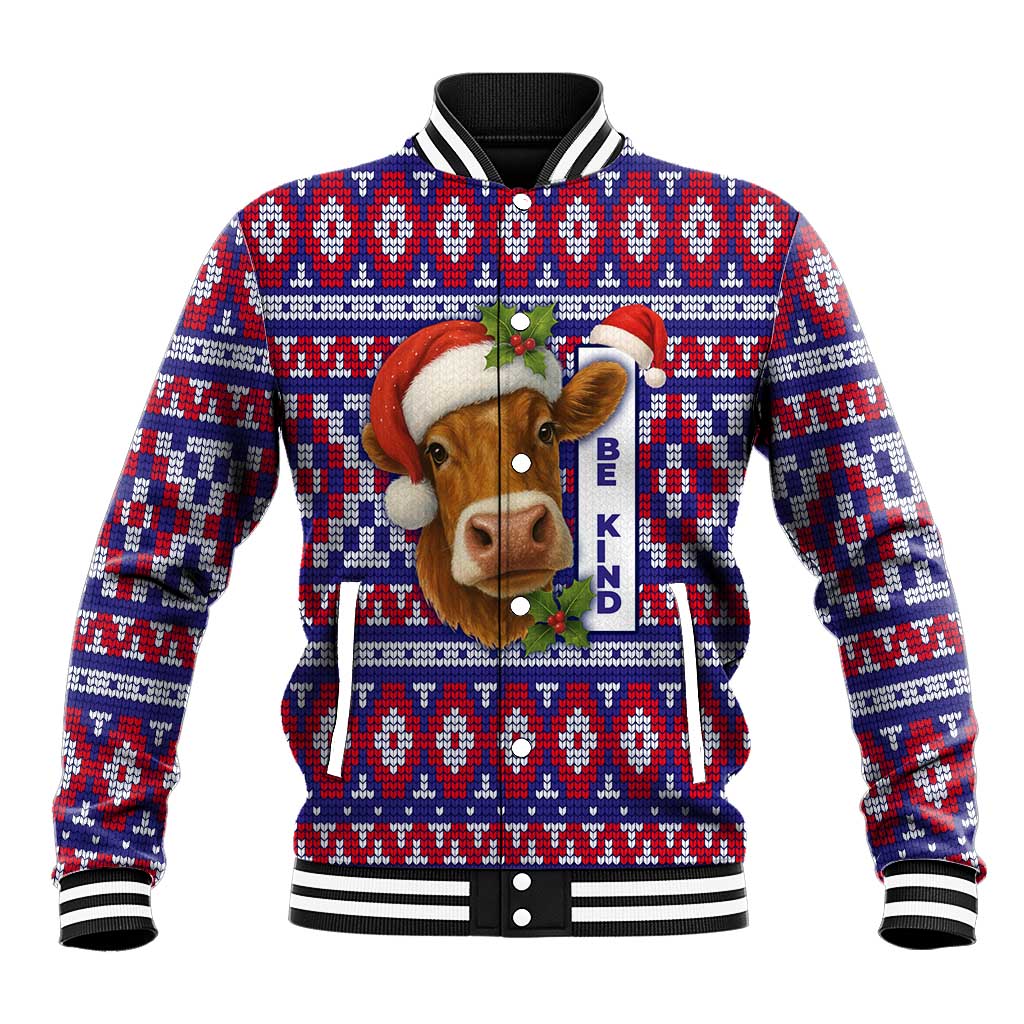 Cow in Santa Hat Be Kind Message Baseball Jacket with Red Blue Knit Pattern Design - Wonder Print Shop