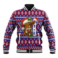 Cow in Santa Hat Be Kind Message Baseball Jacket with Red Blue Knit Pattern Design - Wonder Print Shop