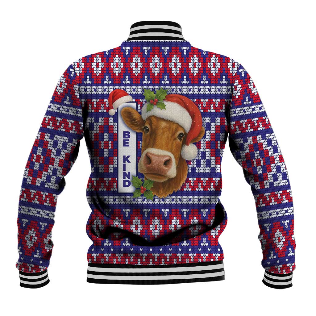 Cow in Santa Hat Be Kind Message Baseball Jacket with Red Blue Knit Pattern Design - Wonder Print Shop