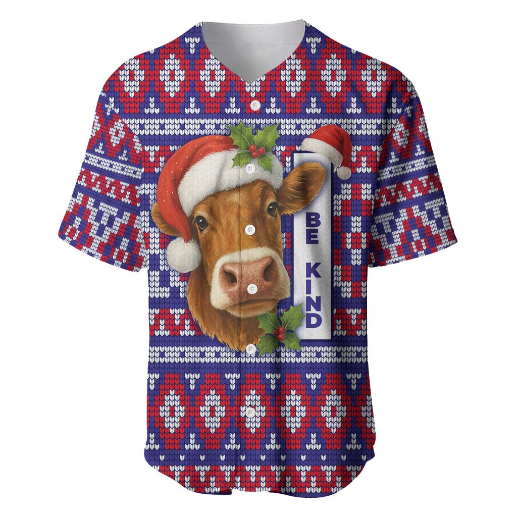 Cow in Santa Hat Be Kind Message Baseball Jersey with Red Blue Knit Pattern Design - Wonder Print Shop