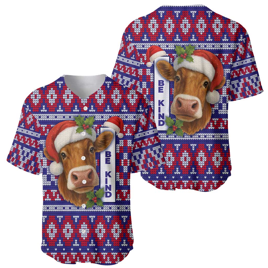 Cow in Santa Hat Be Kind Message Baseball Jersey with Red Blue Knit Pattern Design - Wonder Print Shop
