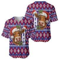 Cow in Santa Hat Be Kind Message Baseball Jersey with Red Blue Knit Pattern Design - Wonder Print Shop