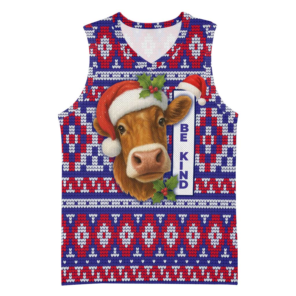 Cow in Santa Hat Be Kind Message Basketball Jersey with Red Blue Knit Pattern Design - Wonder Print Shop